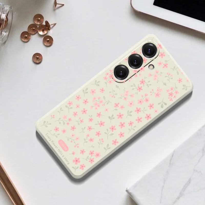 For Samsung Galaxy S25 Case Pink Small Flowers Pattern Printing Straight Edge TPU Phone Back Cover - Beige