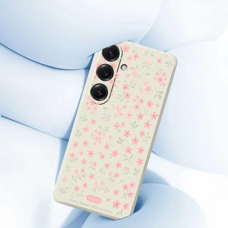 For Samsung Galaxy S25 Case Pink Small Flowers Pattern Printing Straight Edge TPU Phone Back Cover - Beige
