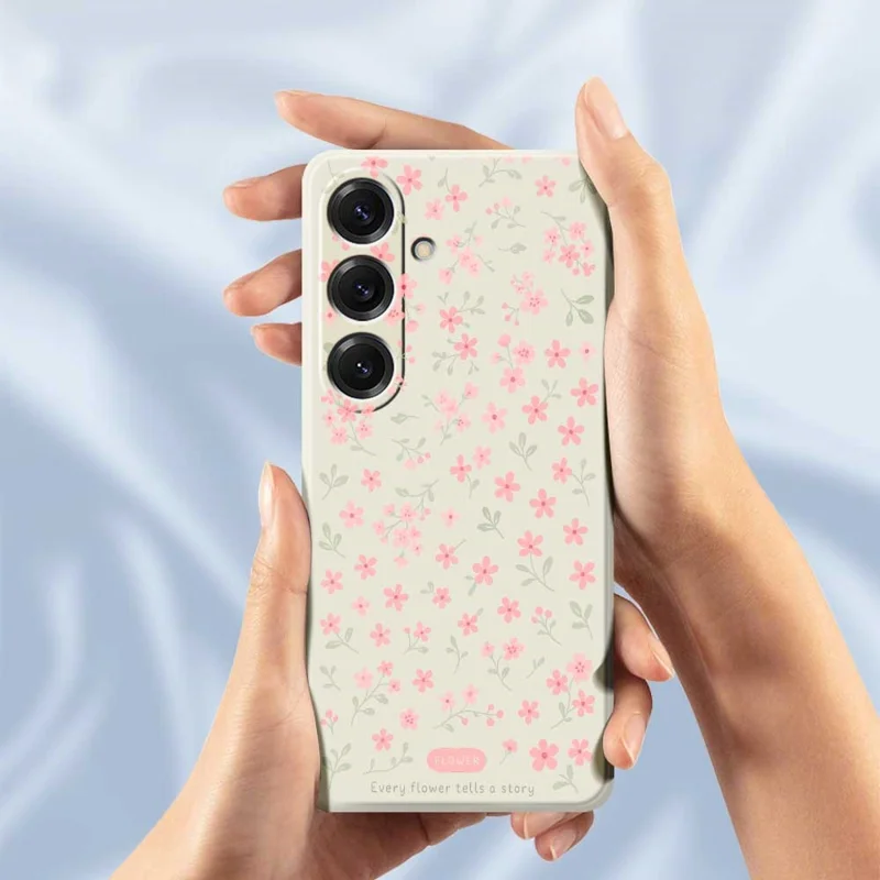 For Samsung Galaxy S25 Case Pink Small Flowers Pattern Printing Straight Edge TPU Phone Back Cover - Beige