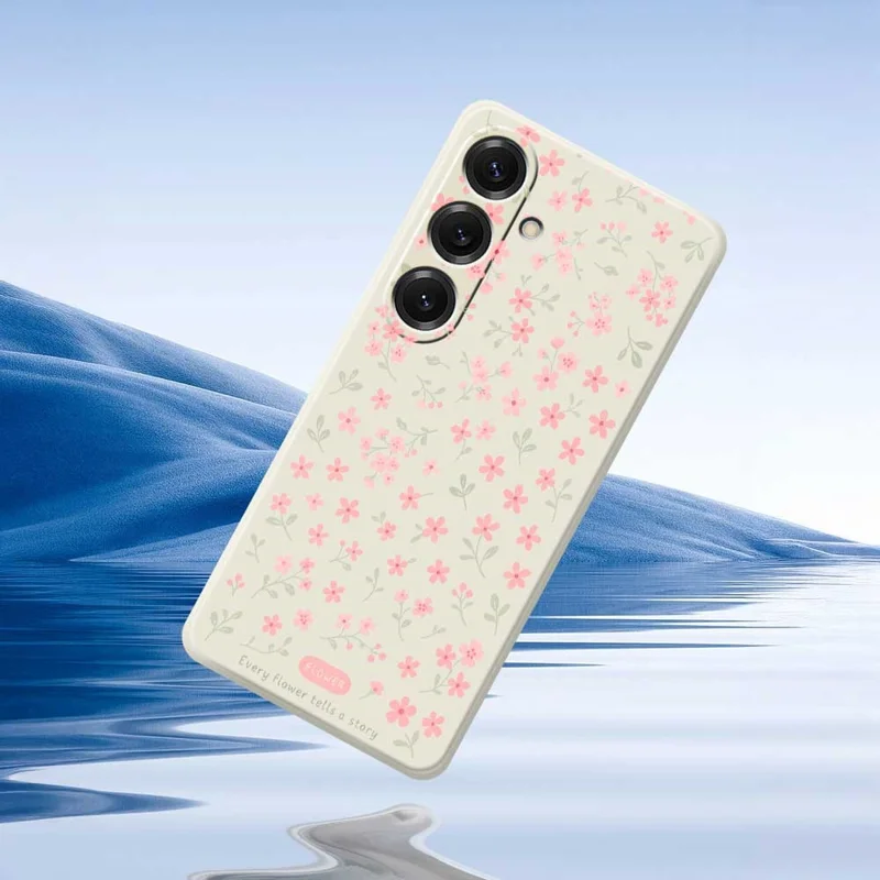For Samsung Galaxy S25 Case Pink Small Flowers Pattern Printing Straight Edge TPU Phone Back Cover - Beige