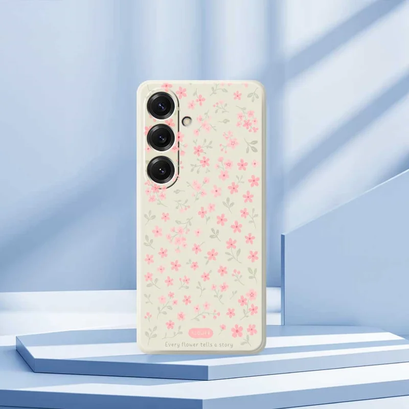 For Samsung Galaxy S25 Case Pink Small Flowers Pattern Printing Straight Edge TPU Phone Back Cover - Beige