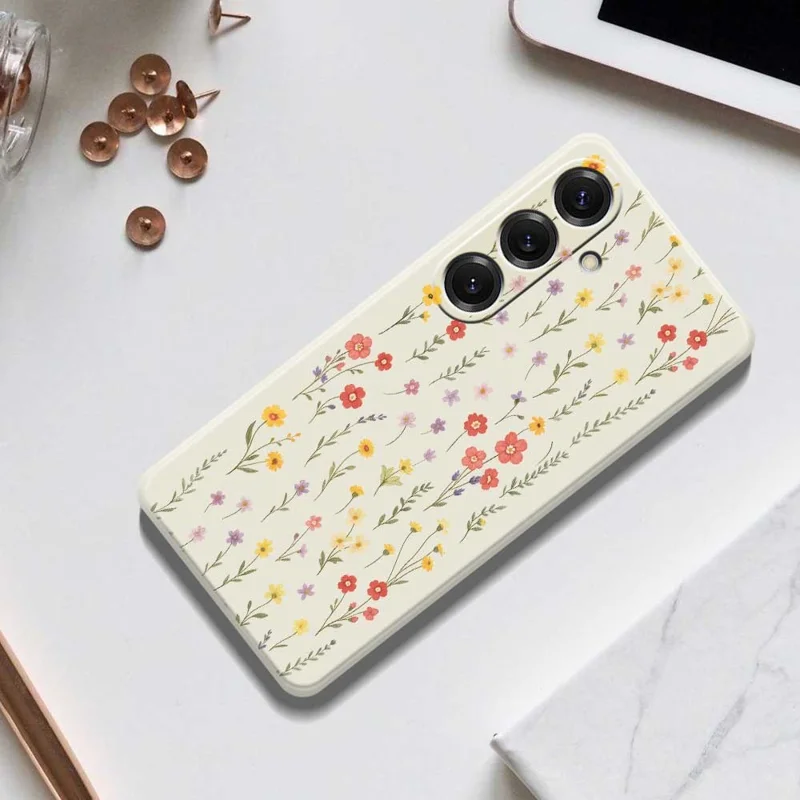 Für Samsung Galaxy S25 Hülle Blumen und Gras Muster Druck Geradlinige TPU Handyrückseite - Beige