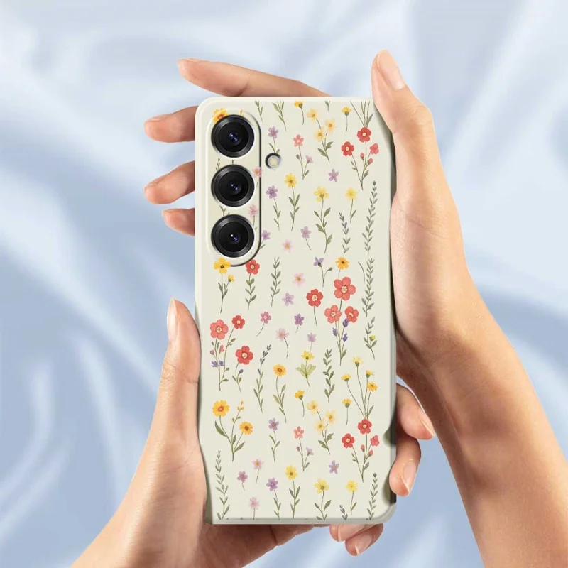 Für Samsung Galaxy S25 Hülle Blumen und Gras Muster Druck Geradlinige TPU Handyrückseite - Beige