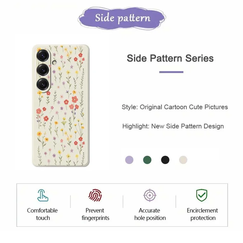 For Samsung Galaxy S25 Case Flowers and Grass Pattern Printing Straight Edge TPU Phone Back Cover - Black