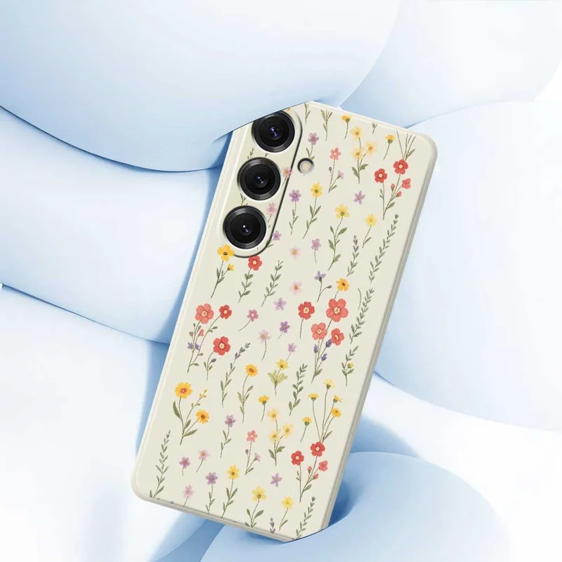 For Samsung Galaxy S25 Case Flowers and Grass Pattern Printing Straight Edge TPU Phone Back Cover - Black