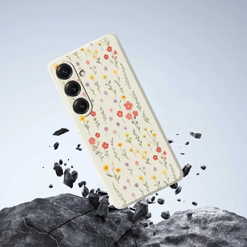 For Samsung Galaxy S25 Case Flowers and Grass Pattern Printing Straight Edge TPU Phone Back Cover - Black