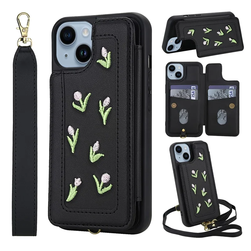 For iPhone 14 / 13 Case Embroidered Tulips PU Leather Card Holder Back Cover with Shoulder Strap / Wrist Strap - Black