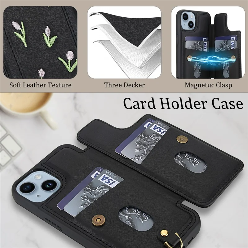 For iPhone 14 / 13 Case Embroidered Tulips PU Leather Card Holder Back Cover with Shoulder Strap / Wrist Strap - Black
