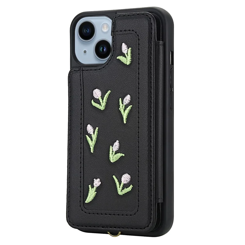 For iPhone 14 / 13 Case Embroidered Tulips PU Leather Card Holder Back Cover with Shoulder Strap / Wrist Strap - Black