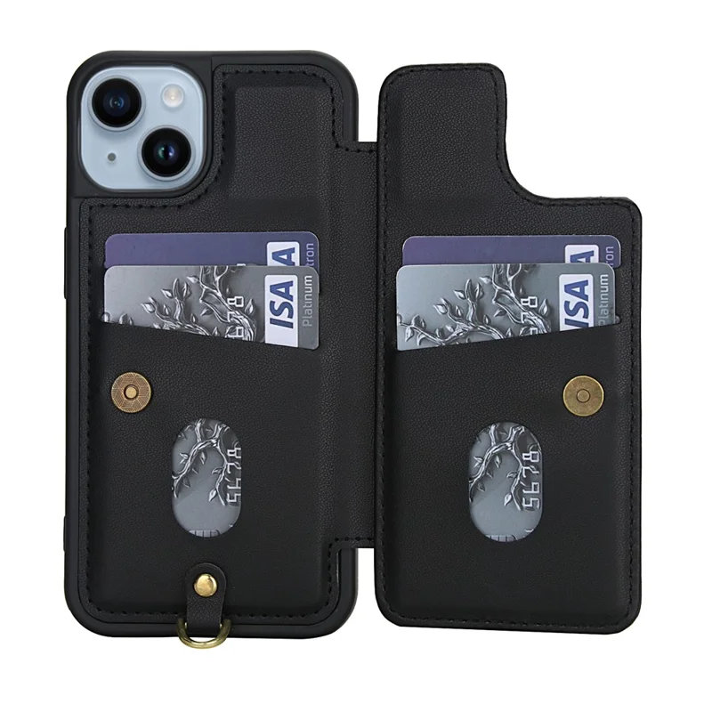 For iPhone 14 / 13 Case Embroidered Tulips PU Leather Card Holder Back Cover with Shoulder Strap / Wrist Strap - Black