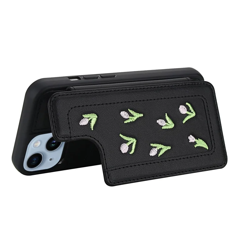 For iPhone 14 / 13 Case Embroidered Tulips PU Leather Card Holder Back Cover with Shoulder Strap / Wrist Strap - Black
