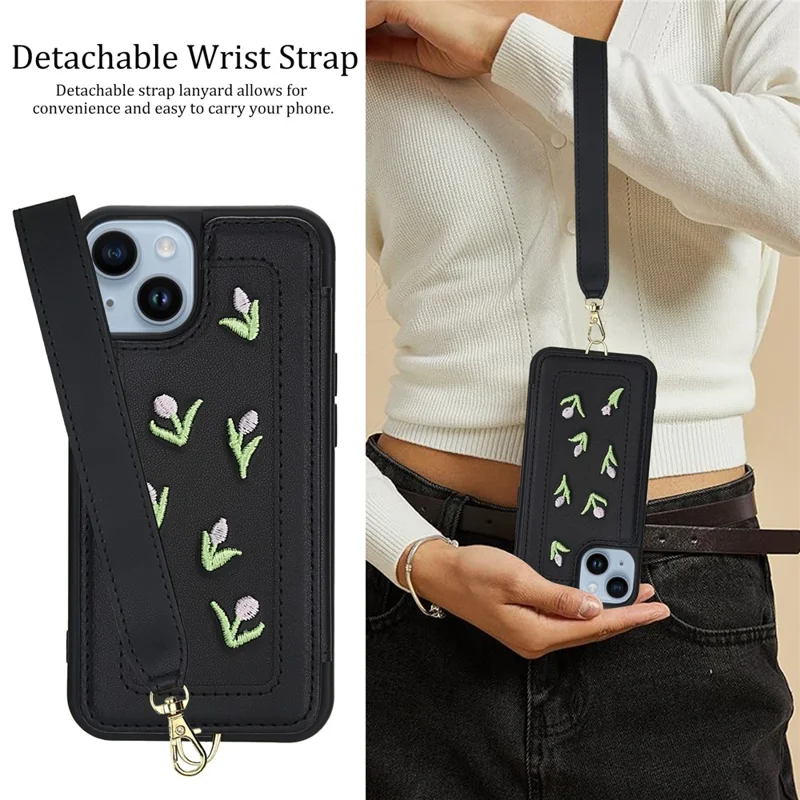 For iPhone 14 / 13 Case Embroidered Tulips PU Leather Card Holder Back Cover with Shoulder Strap / Wrist Strap - Black