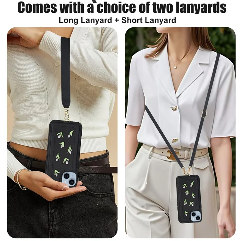 For iPhone 14 / 13 Case Embroidered Tulips PU Leather Card Holder Back Cover with Shoulder Strap / Wrist Strap - Black
