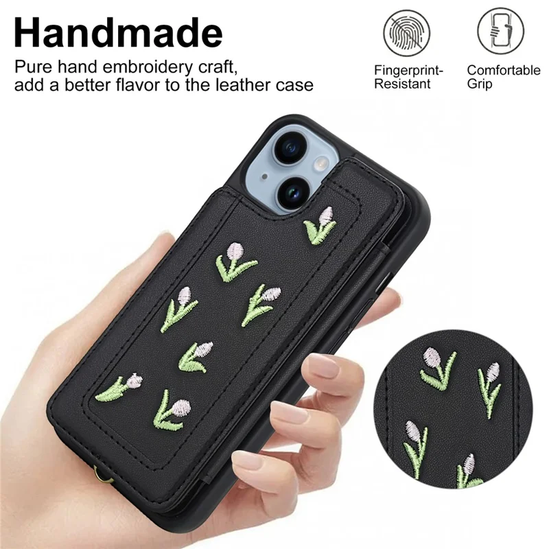 For iPhone 14 / 13 Case Embroidered Tulips PU Leather Card Holder Back Cover with Shoulder Strap / Wrist Strap - Black