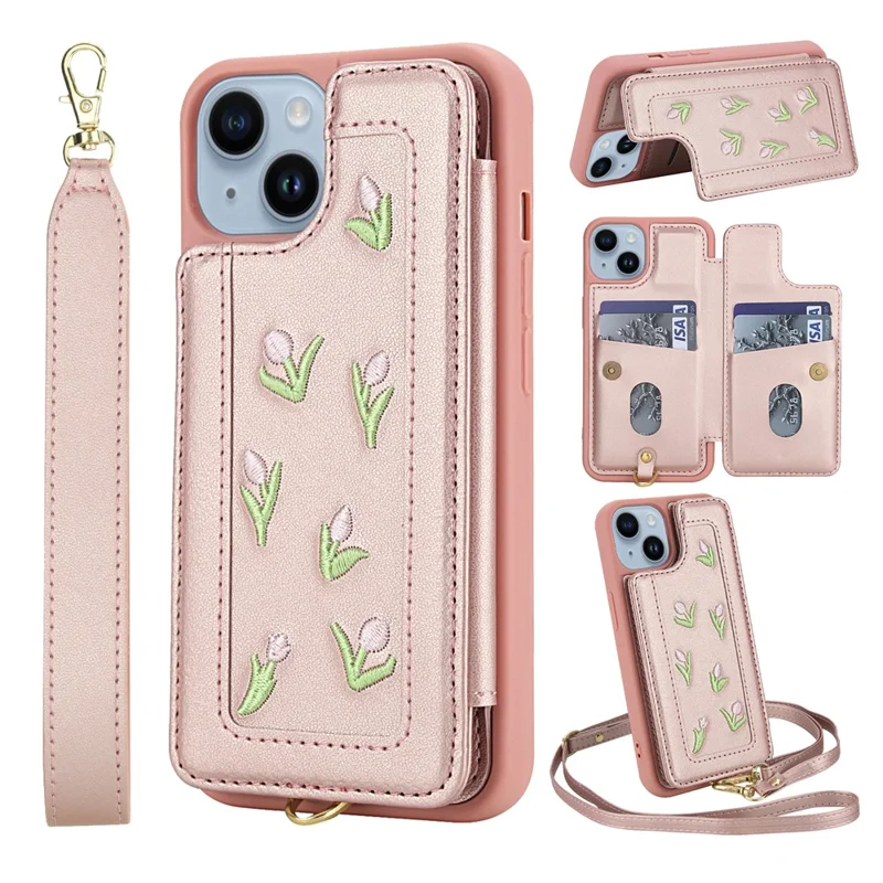 For iPhone 14 / 13 Case Embroidered Tulips PU Leather Card Holder Back Cover with Shoulder Strap / Wrist Strap - Pink