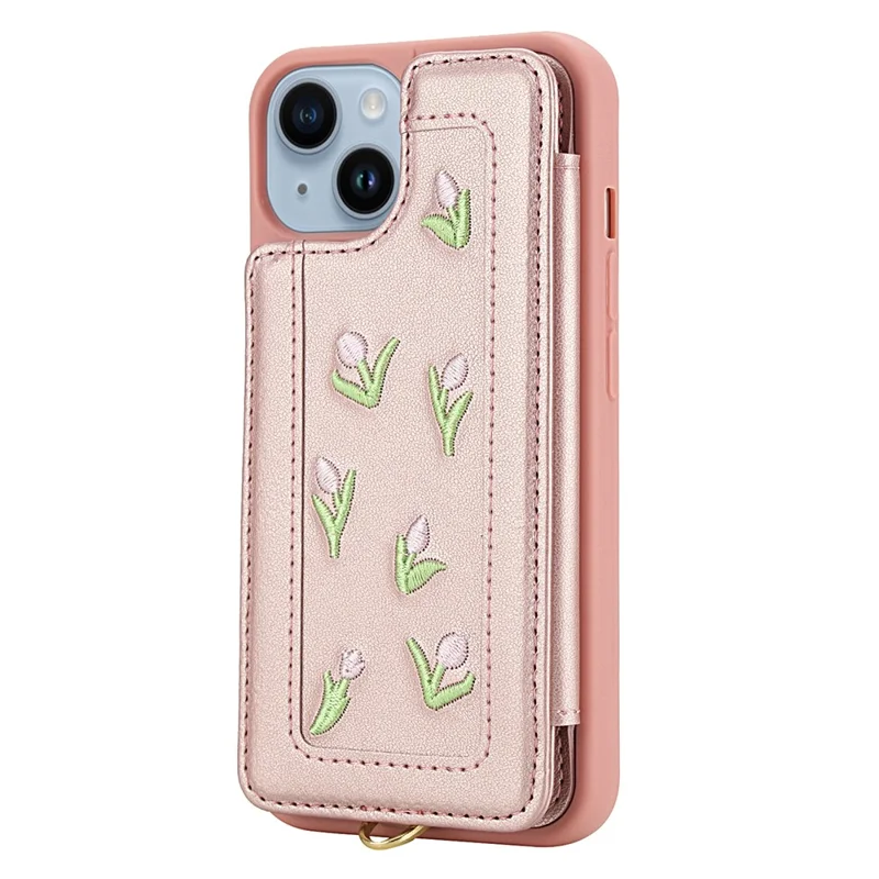 For iPhone 14 / 13 Case Embroidered Tulips PU Leather Card Holder Back Cover with Shoulder Strap / Wrist Strap - Pink