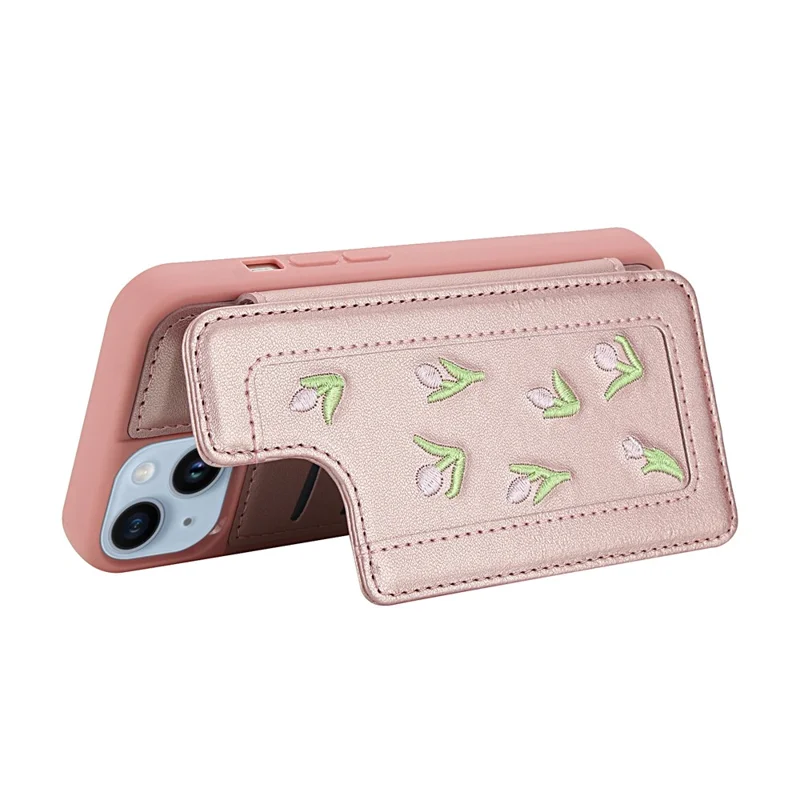 For iPhone 14 / 13 Case Embroidered Tulips PU Leather Card Holder Back Cover with Shoulder Strap / Wrist Strap - Pink