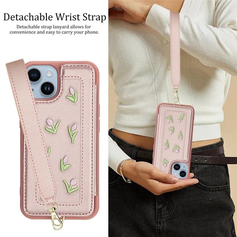 For iPhone 14 / 13 Case Embroidered Tulips PU Leather Card Holder Back Cover with Shoulder Strap / Wrist Strap - Pink