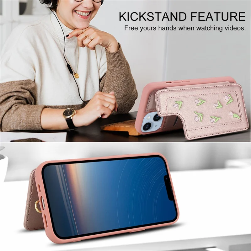 For iPhone 14 / 13 Case Embroidered Tulips PU Leather Card Holder Back Cover with Shoulder Strap / Wrist Strap - Pink
