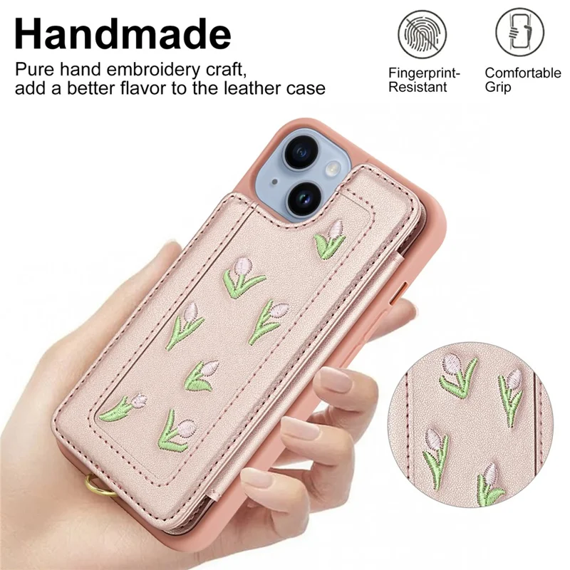 For iPhone 14 / 13 Case Embroidered Tulips PU Leather Card Holder Back Cover with Shoulder Strap / Wrist Strap - Pink