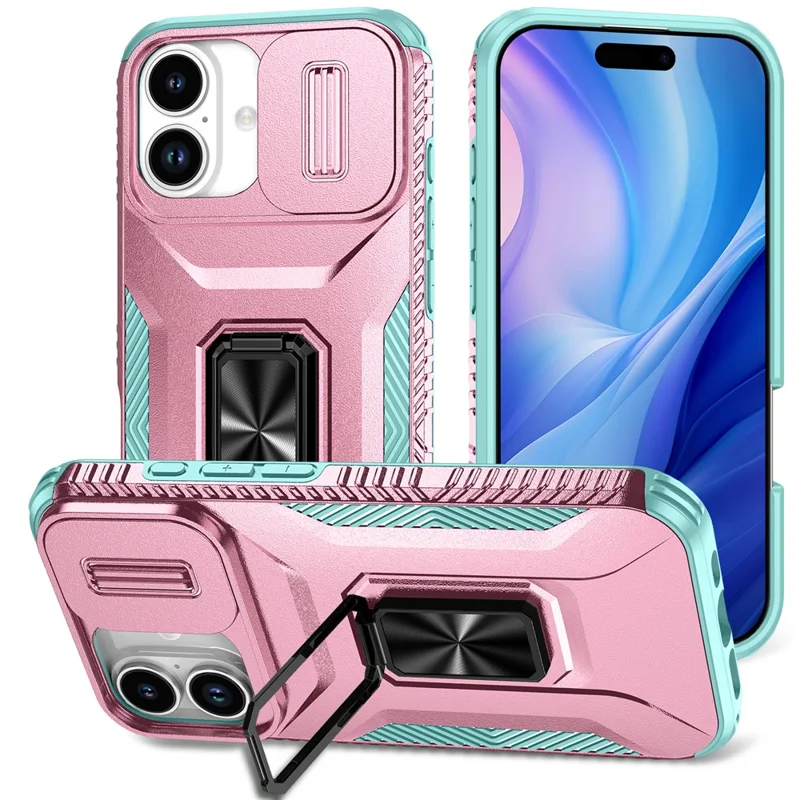 For iPhone 17 Case Camshield Kickstand TPU + PC Anti-Slip Phone Cover - Pink+Grey Green