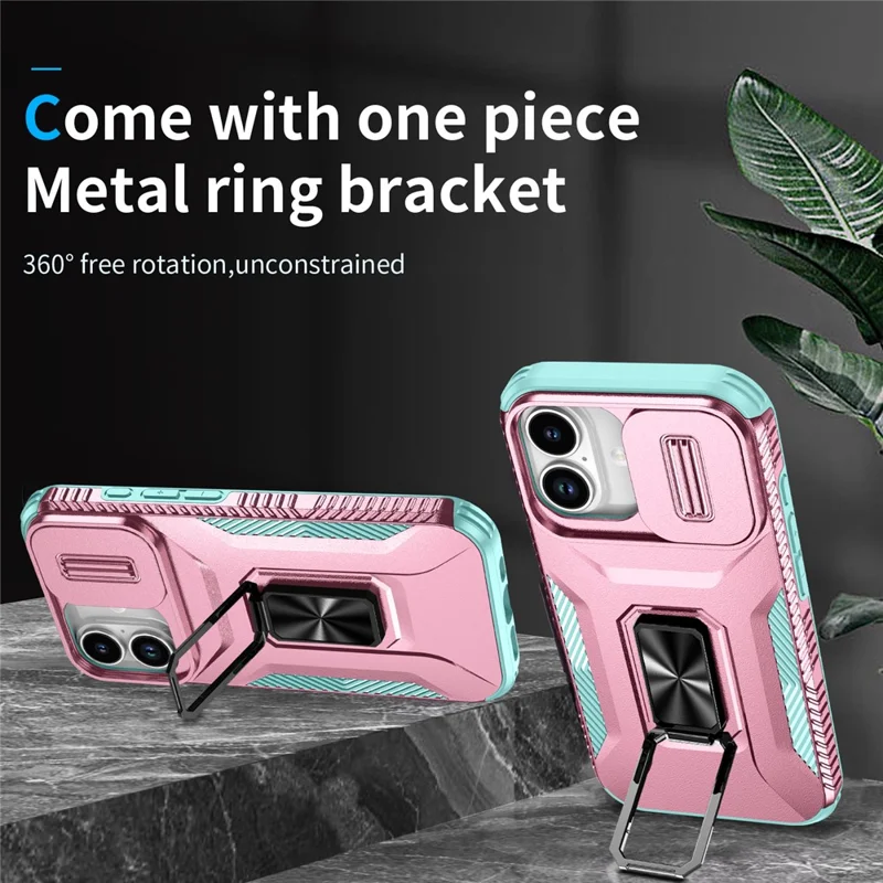 For iPhone 17 Case Camshield Kickstand TPU + PC Anti-Slip Phone Cover - Pink+Grey Green