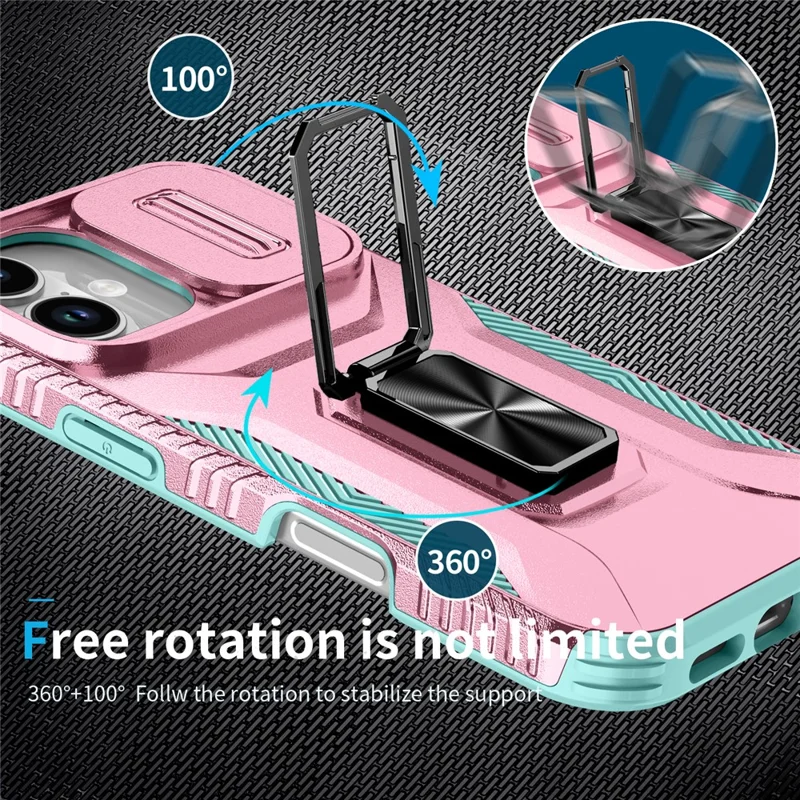 For iPhone 17 Case Camshield Kickstand TPU + PC Anti-Slip Phone Cover - Pink+Grey Green