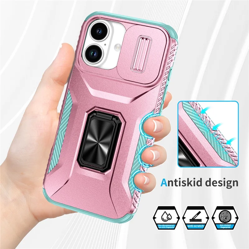 For iPhone 17 Case Camshield Kickstand TPU + PC Anti-Slip Phone Cover - Pink+Grey Green