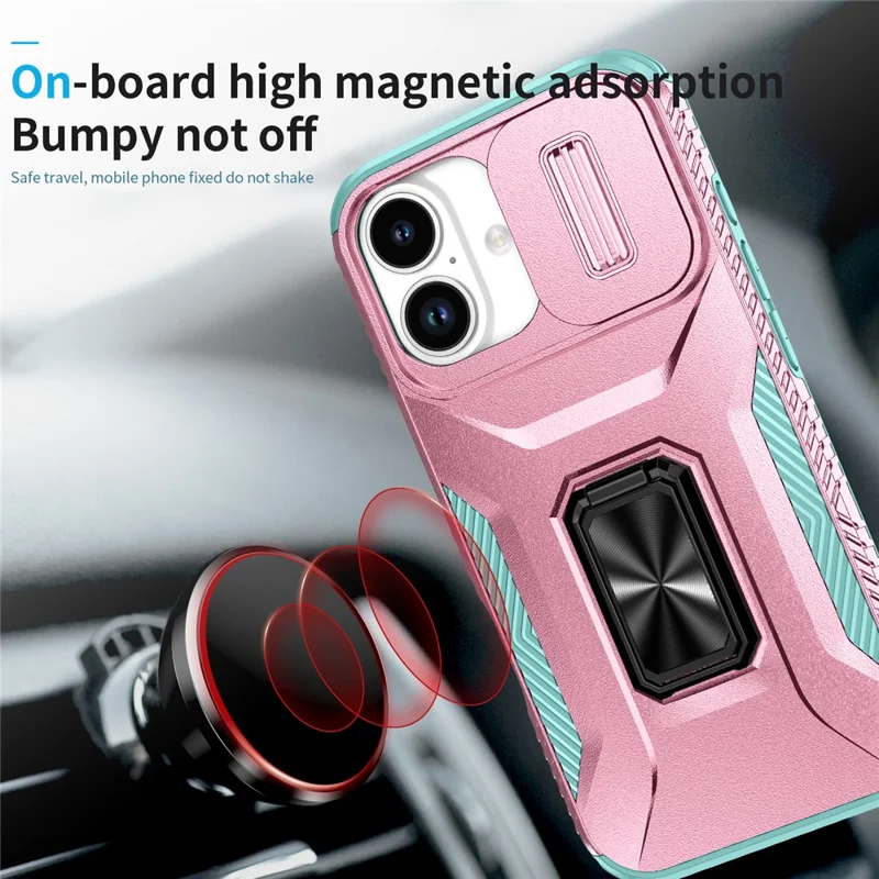 For iPhone 17 Case Camshield Kickstand TPU + PC Anti-Slip Phone Cover - Pink+Grey Green