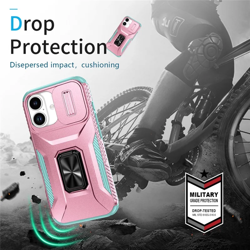 For iPhone 17 Case Camshield Kickstand TPU + PC Anti-Slip Phone Cover - Pink+Grey Green