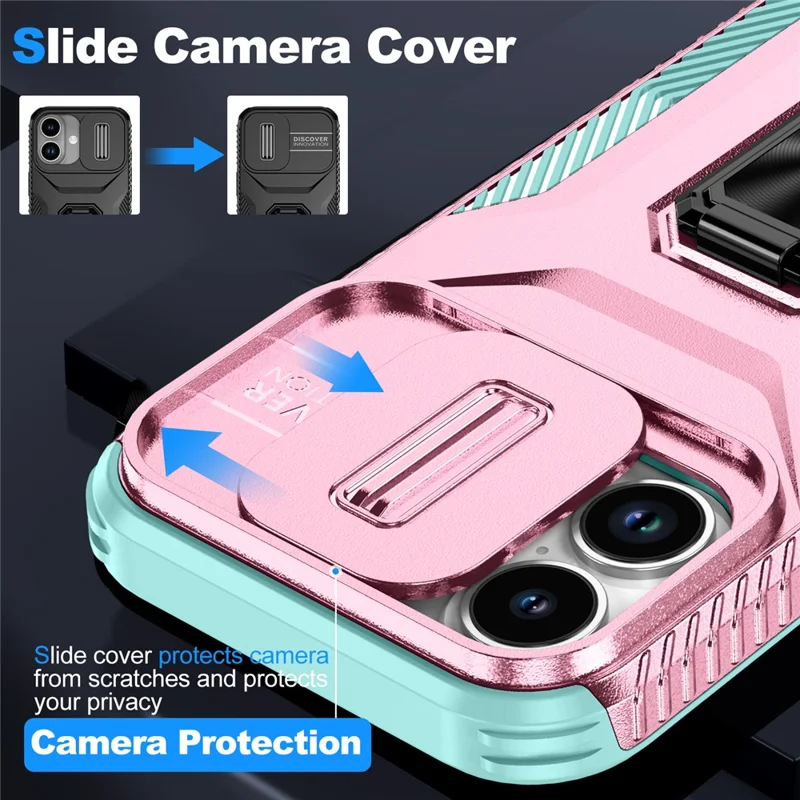 For iPhone 17 Case Camshield Kickstand TPU + PC Anti-Slip Phone Cover - Pink+Grey Green