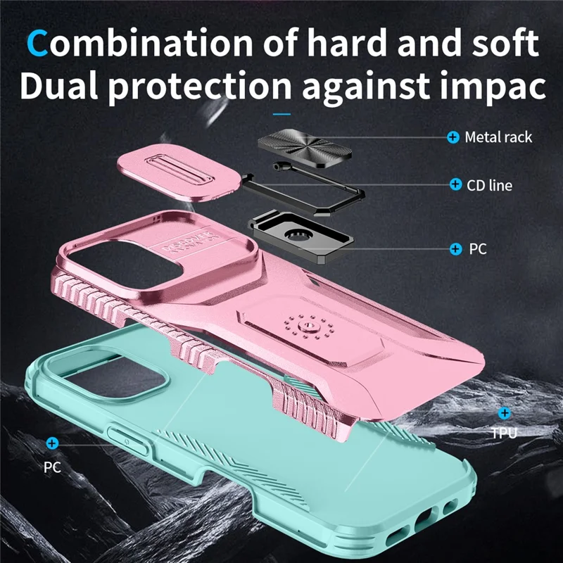 For iPhone 17 Case Camshield Kickstand TPU + PC Anti-Slip Phone Cover - Pink+Grey Green