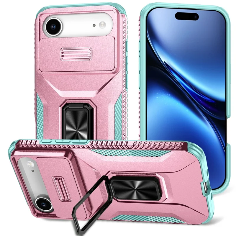 For iPhone Air Case Camshield Kickstand TPU + PC Anti-Slip Phone Cover - Pink+Grey Green