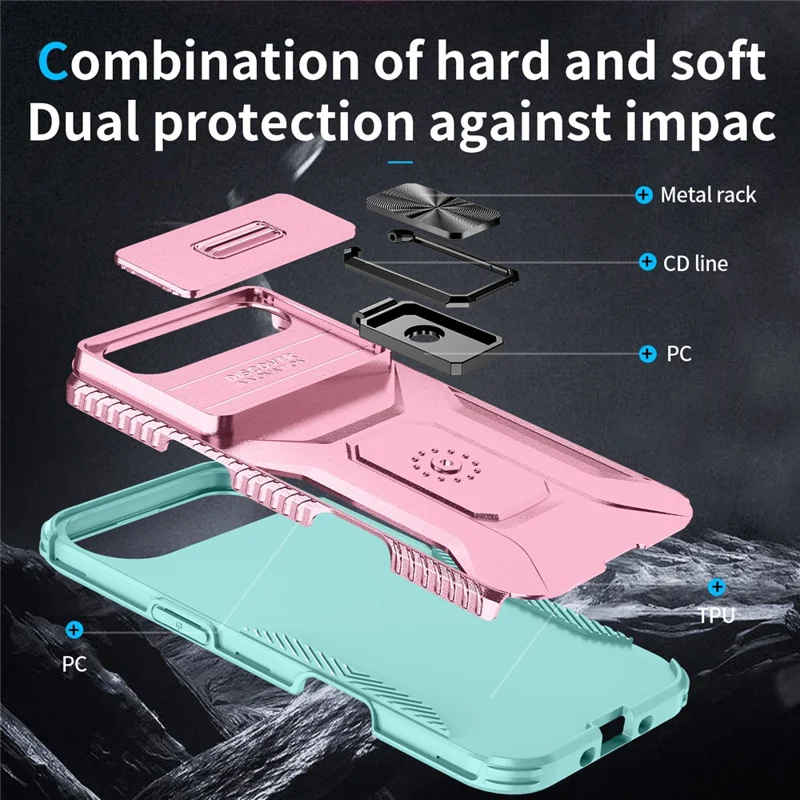 For iPhone Air Case Camshield Kickstand TPU + PC Anti-Slip Phone Cover - Pink+Grey Green