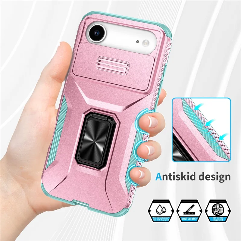For iPhone Air Case Camshield Kickstand TPU + PC Anti-Slip Phone Cover - Pink+Grey Green