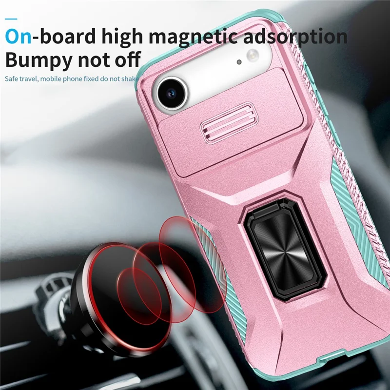 For iPhone Air Case Camshield Kickstand TPU + PC Anti-Slip Phone Cover - Pink+Grey Green