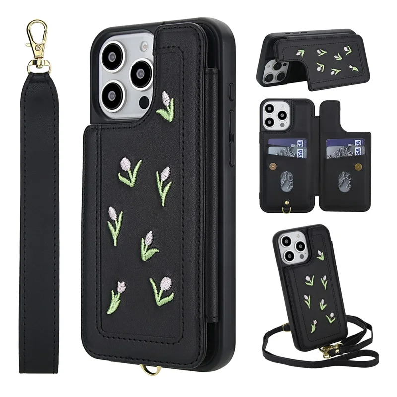 For iPhone 14 Pro Max Case Embroidered Tulips PU Leather Card Holder Back Cover with Shoulder Strap / Wrist Strap - Black