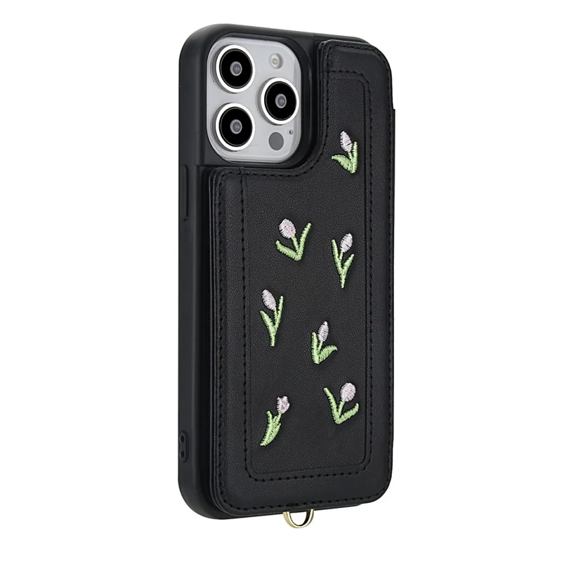 For iPhone 14 Pro Max Case Embroidered Tulips PU Leather Card Holder Back Cover with Shoulder Strap / Wrist Strap - Black