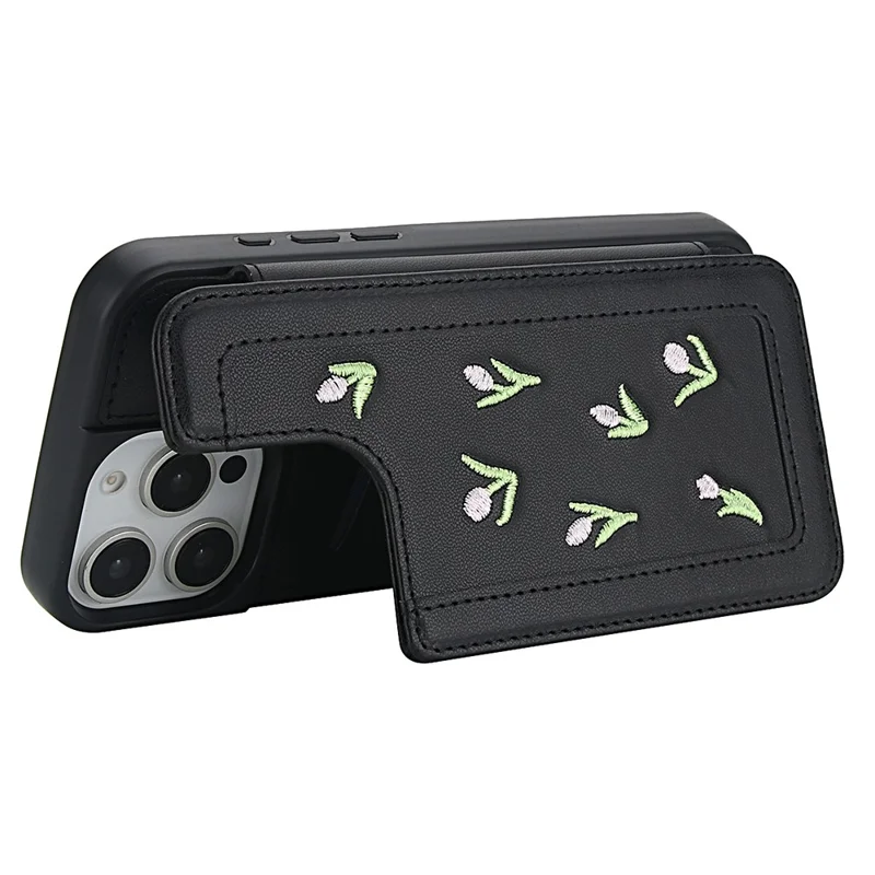 For iPhone 14 Pro Max Case Embroidered Tulips PU Leather Card Holder Back Cover with Shoulder Strap / Wrist Strap - Black