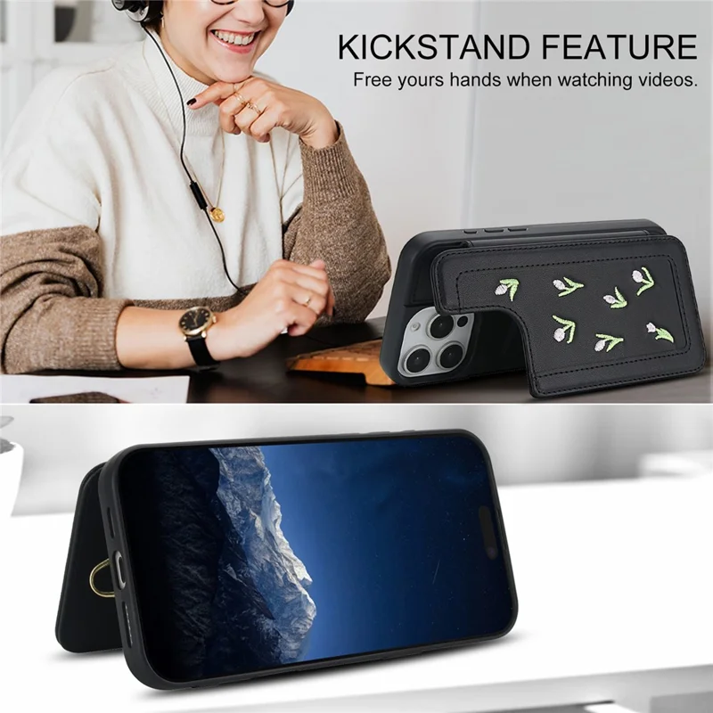 For iPhone 14 Pro Max Case Embroidered Tulips PU Leather Card Holder Back Cover with Shoulder Strap / Wrist Strap - Black