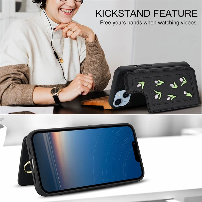 For iPhone 15 Case Embroidered Tulips PU Leather Card Holder Back Cover with Shoulder Strap / Wrist Strap - Black