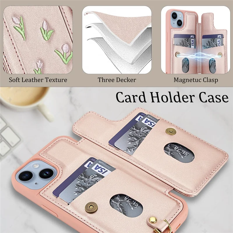For iPhone 15 Case Embroidered Tulips PU Leather Card Holder Back Cover with Shoulder Strap / Wrist Strap - Pink