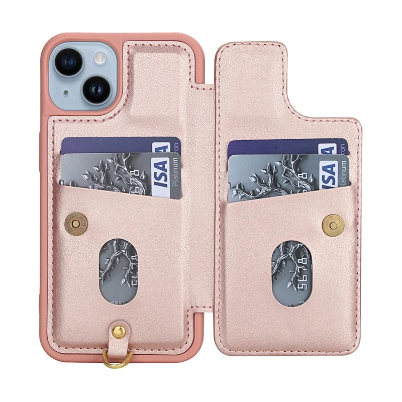 For iPhone 15 Case Embroidered Tulips PU Leather Card Holder Back Cover with Shoulder Strap / Wrist Strap - Pink