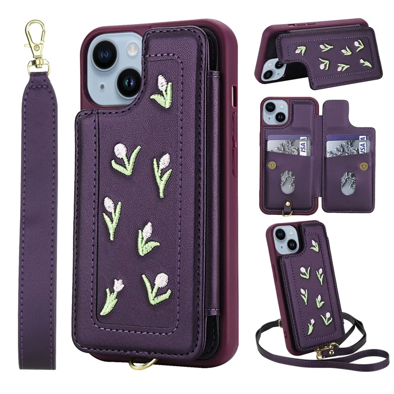 For iPhone 15 Case Embroidered Tulips PU Leather Card Holder Back Cover with Shoulder Strap / Wrist Strap - Purple