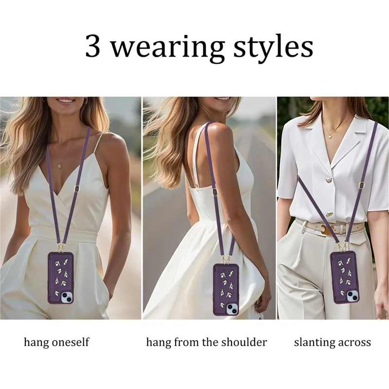 For iPhone 15 Case Embroidered Tulips PU Leather Card Holder Back Cover with Shoulder Strap / Wrist Strap - Purple