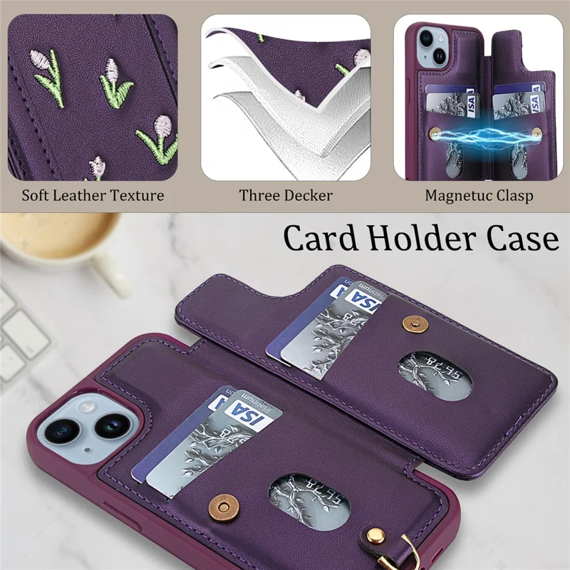 For iPhone 15 Case Embroidered Tulips PU Leather Card Holder Back Cover with Shoulder Strap / Wrist Strap - Purple