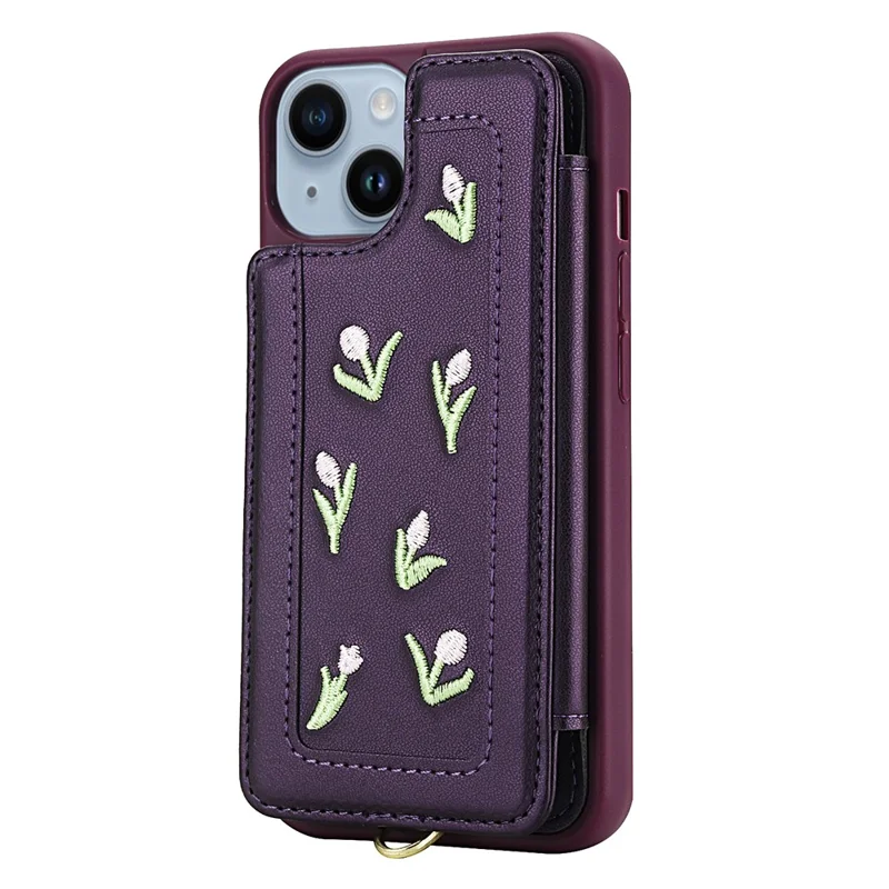 For iPhone 15 Case Embroidered Tulips PU Leather Card Holder Back Cover with Shoulder Strap / Wrist Strap - Purple