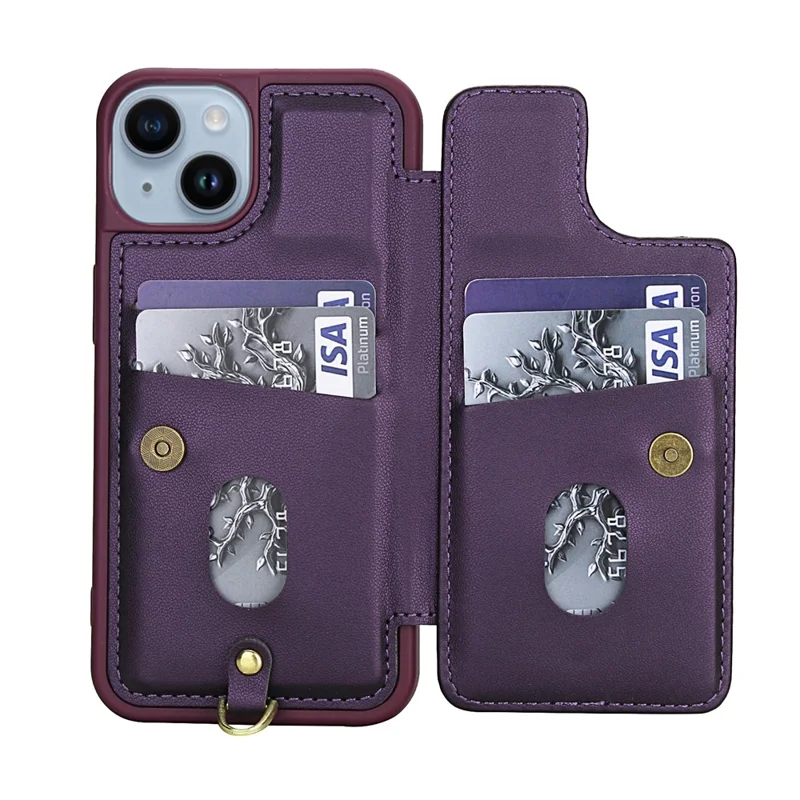 For iPhone 15 Case Embroidered Tulips PU Leather Card Holder Back Cover with Shoulder Strap / Wrist Strap - Purple