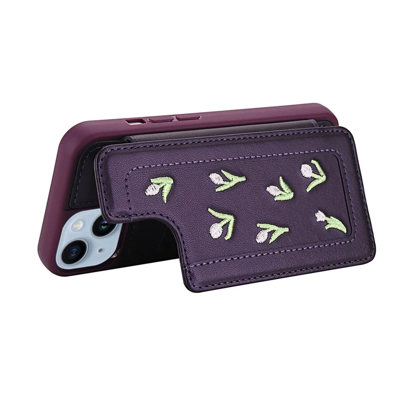 For iPhone 15 Case Embroidered Tulips PU Leather Card Holder Back Cover with Shoulder Strap / Wrist Strap - Purple
