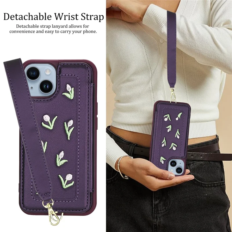 For iPhone 15 Case Embroidered Tulips PU Leather Card Holder Back Cover with Shoulder Strap / Wrist Strap - Purple